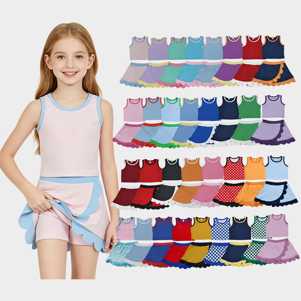 35 Colors Teams Tank Top Scallop Edge Skort Baby Girls Active Clothes Set Sisters Yoga Outfits