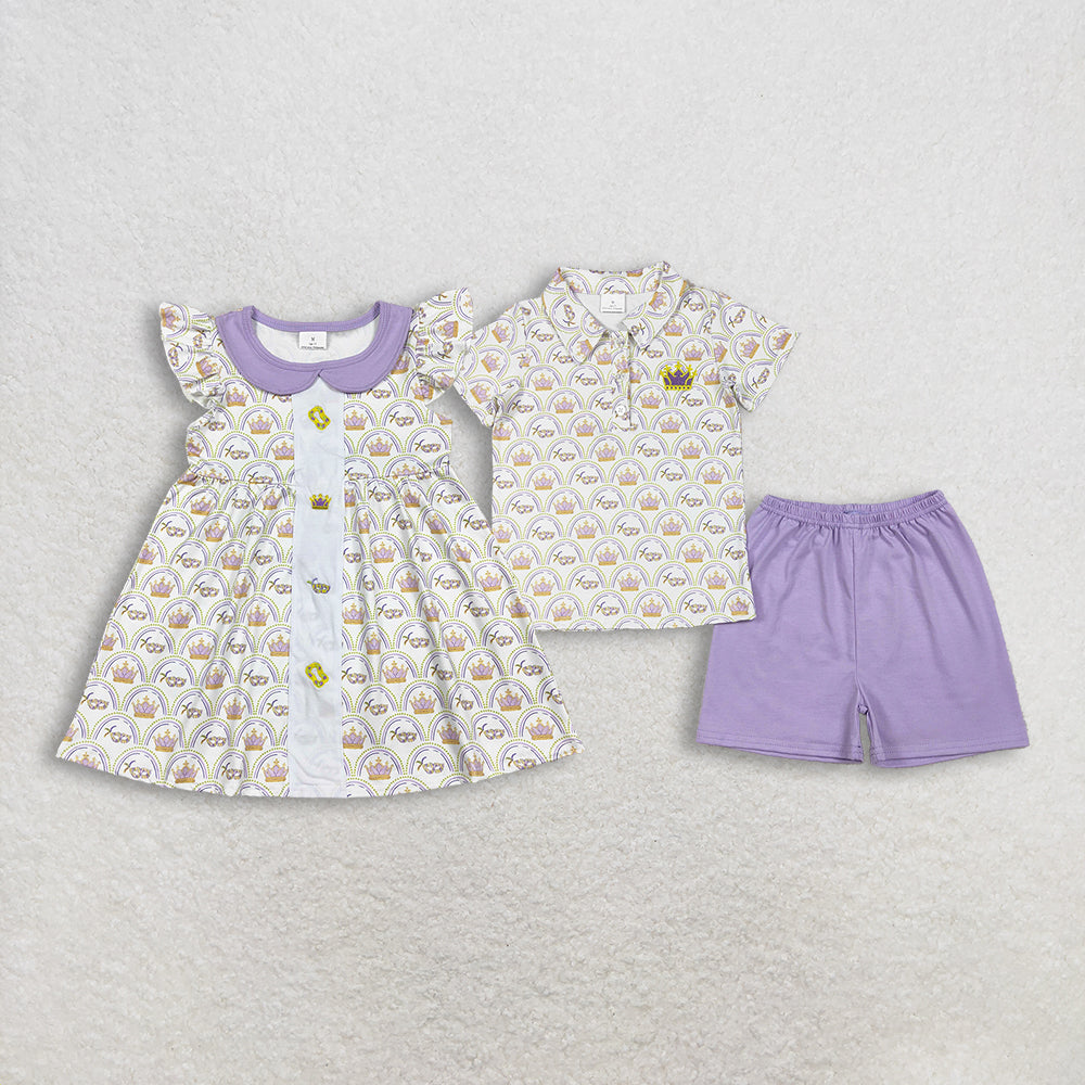Sibling Baby Boys Girls Mardigras Embroidery Crown Polo Shorts Set Knee Length Dresses