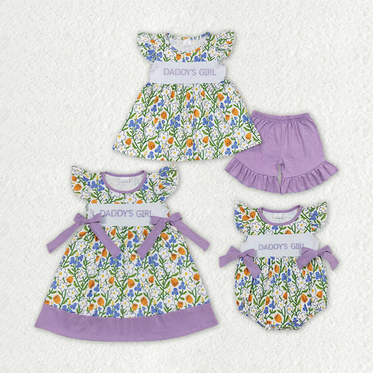 Daddy's Girl Embroidery Purple Flowers Baby Girls Clothes Sisters Wear