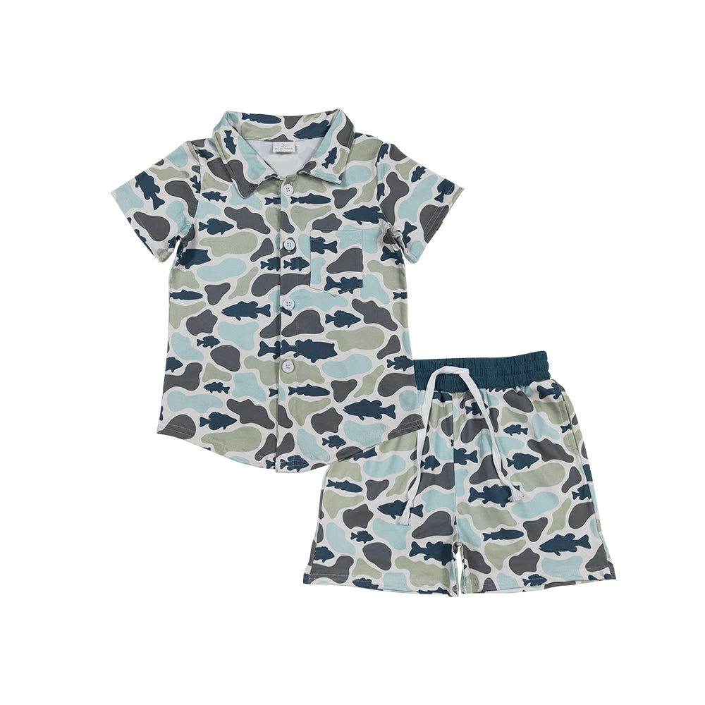 BSSO2029 Fish Green Blue Camo Button Top Pockets Shorts Boys Summer Clothes Set