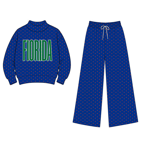 (Custom Design Preorder MOQ 5 Each) Teams Florida Polka Dot Mock Necks Top Pockets Pants Girls & Woman Clothes Set