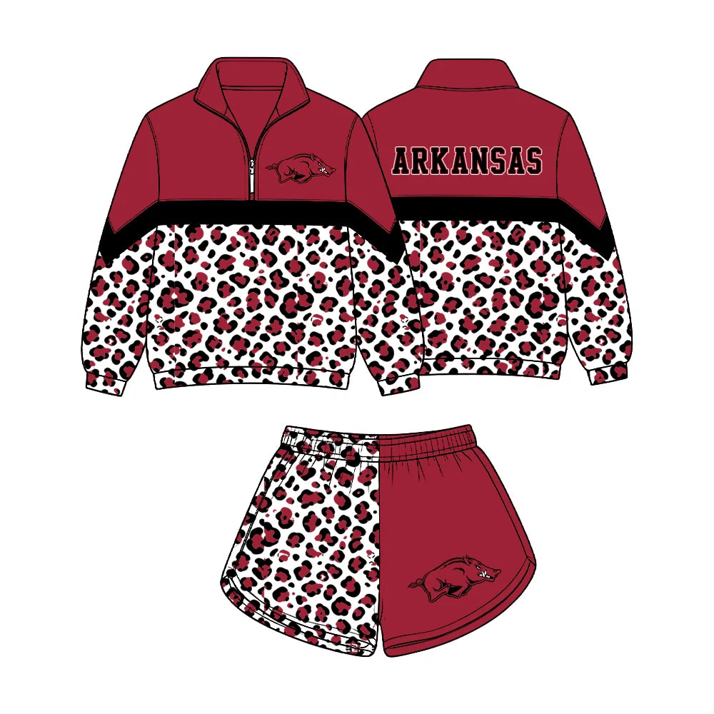 (Custom Design Preorder MOQ 5) Baby Girls Black Red Leopard Arkansas Zip Pullovers Short Team Clothes Set