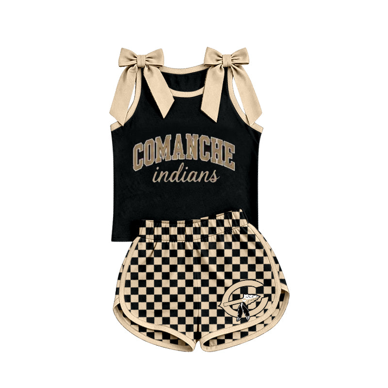 (Custom Design Preorder MOQ 5) Teams Comanche Indians Bows Vest Top Checkerd Shorts Mommy and Me Summer Yoga Clothes Set