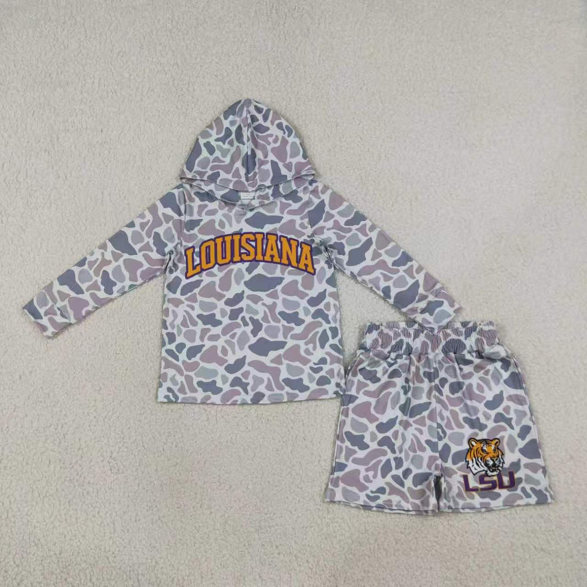 Sibling Baby Boys Sport Team Grey Camo Long Sleeve Hoodie Top with Shorts Outfit