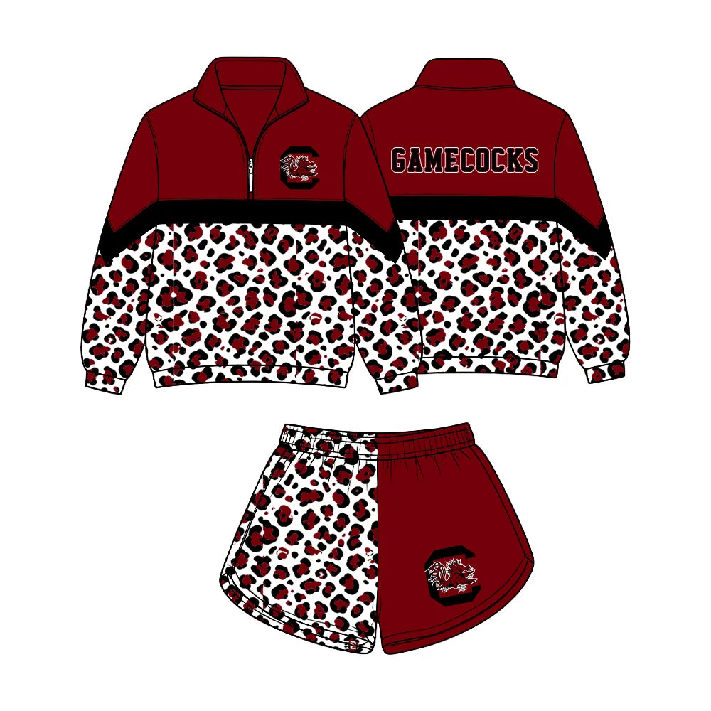(Custom Design Preorder MOQ 5) Baby Girls Black Maroon Leopard Gamecocks Zip Pullovers Short Team Clothes Set
