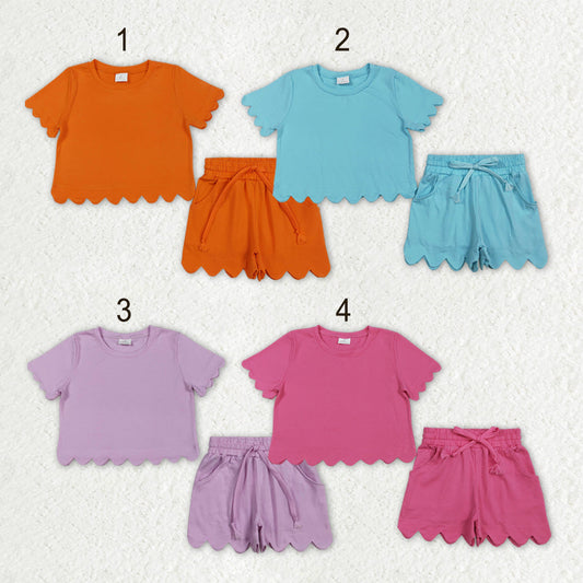 Sibling Baby Girls Scallop Short Sleeve Top Pockets Shorts Clothes Sets