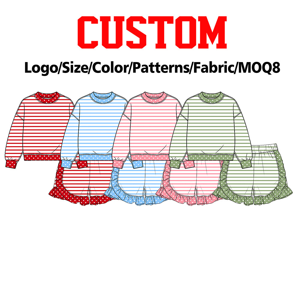 (Custom Design Preorder MOQ 5 Each) Stripes Long Sleeve Top Ruffle Shorts Girls Clothes Set Sisters Wear