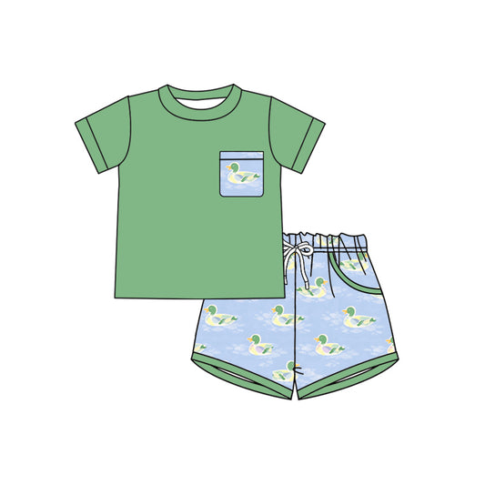 (Custom Design Preorder MOQ 5) Green Pocket Top Duck Shorts Boys Summer Clothes Sets