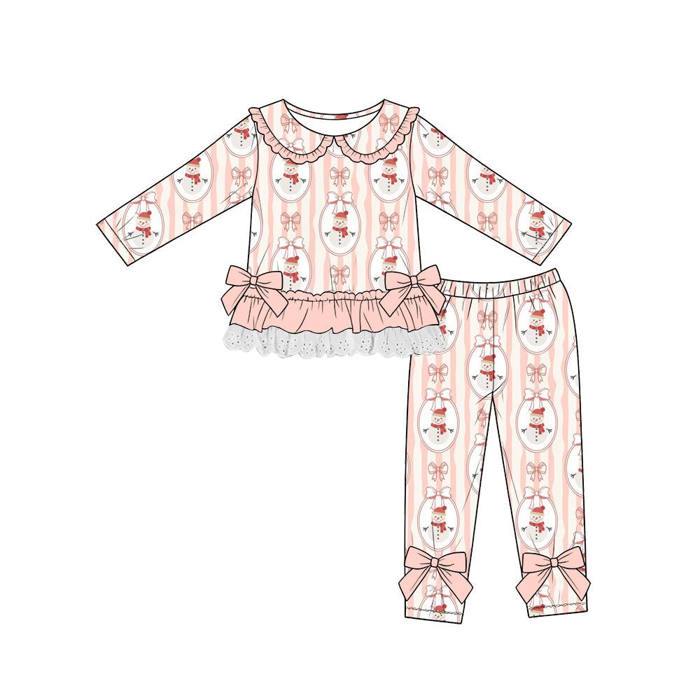 (Custom Design Preorder MOQ 5) Snowman Bows Stripes Ruffle Top Legging Pants Girls Christmas Clothes Set