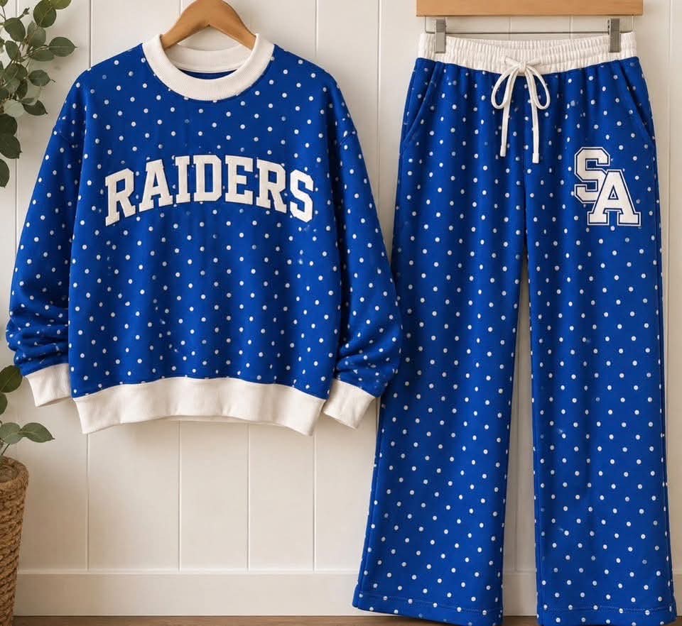 Preorder (MOQ 5 ) Kids Girls Raiders Royal Blue Polka Dot Long Sleeve Top Pants Sport Team Outfit