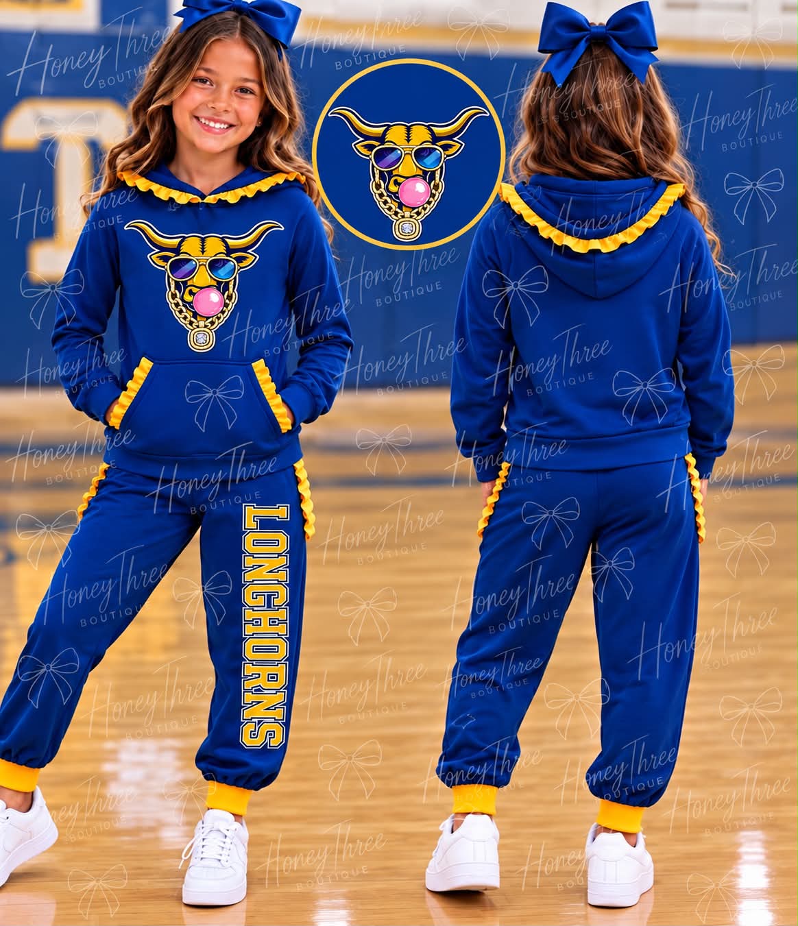 (Custom Design Preorder MOQ 5) Teams LONGHORNS Print Blue With Yellow Ruffles Hoodie Top Pockets Joggers Pants Woman Yoga Clothes Set