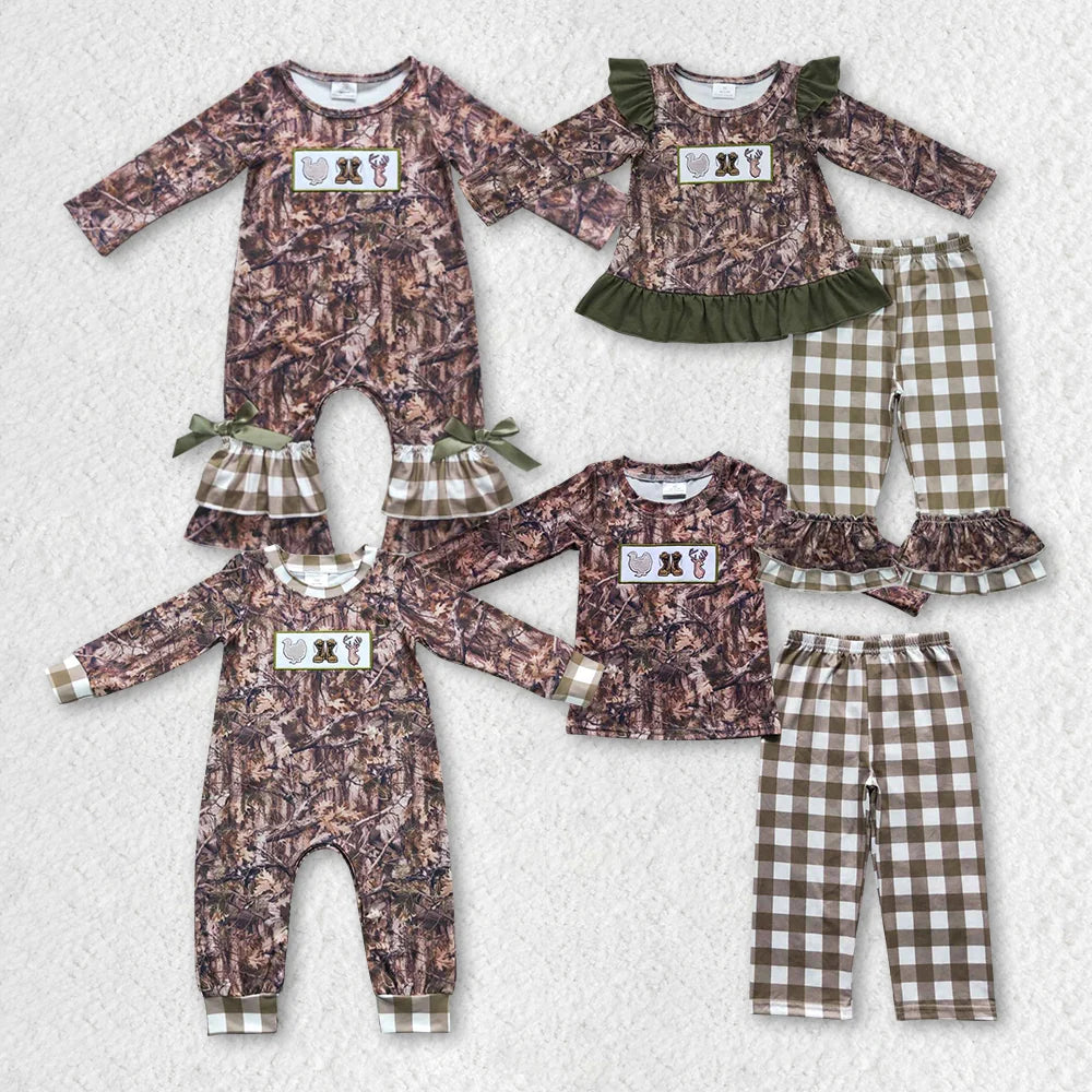 Sibling Baby Boys Girls  Hunting Camo Turkey Clothes Set Romper