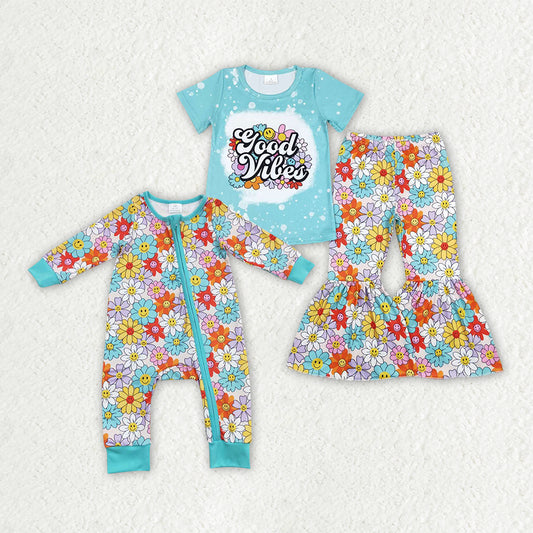 GOOD VIBES Smiling Flowers Print Girls Styles Sisters Matching Wear