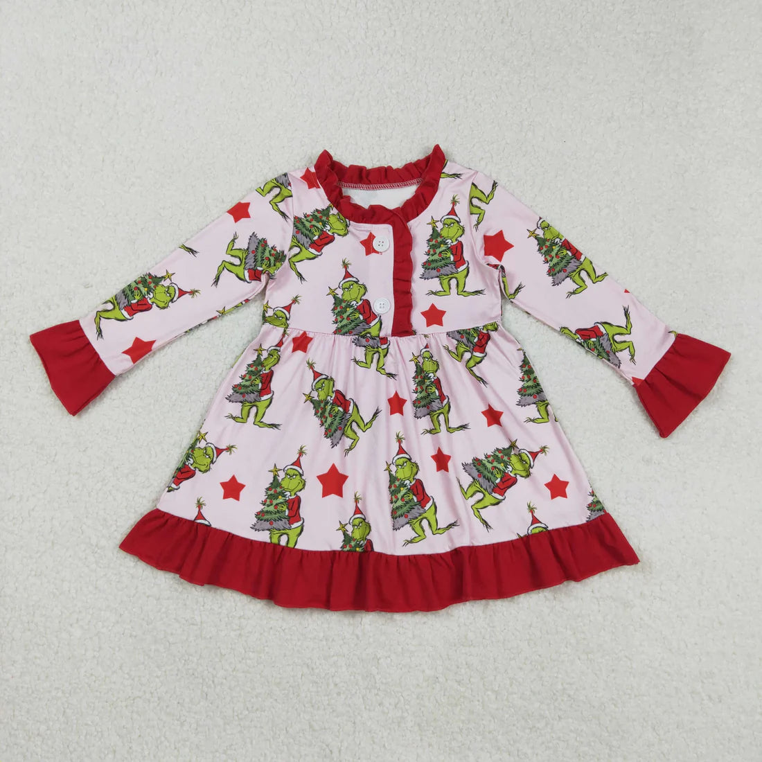 Sibling Baby Girls Christmas Green Face Stars Pajamas Set Zipper Footie Romper Knee Length Dresses