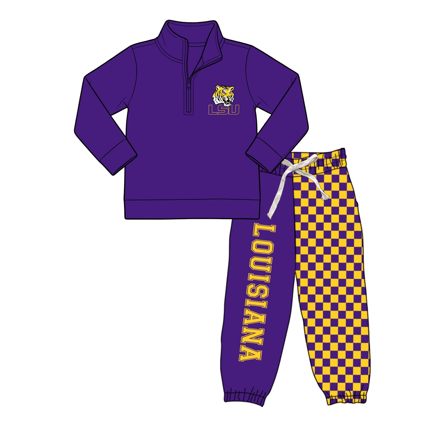 (Custom Design Preorder MOQ 5) Teams LSU Louisiana Purple Zipper Pullover Top Joggers Pants Boys Fall Clothes Set