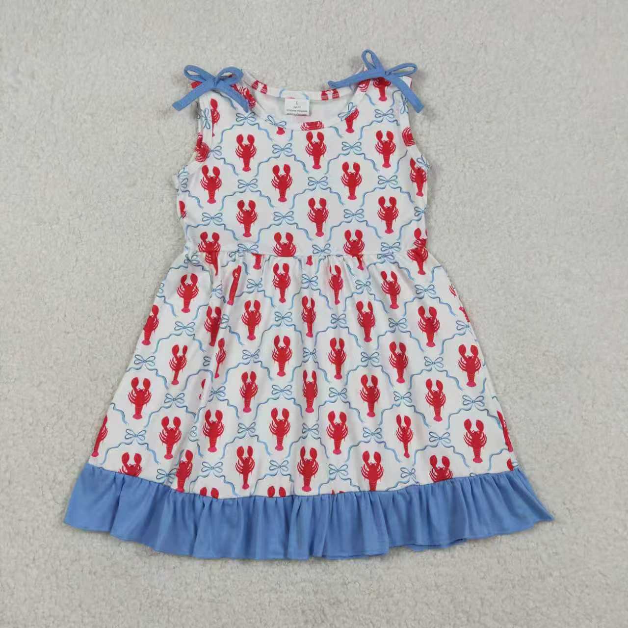 Sibling Baby Girls Bows Crayfishes Checked Shorts Clothes Set Ruffle Knee Length Dresses