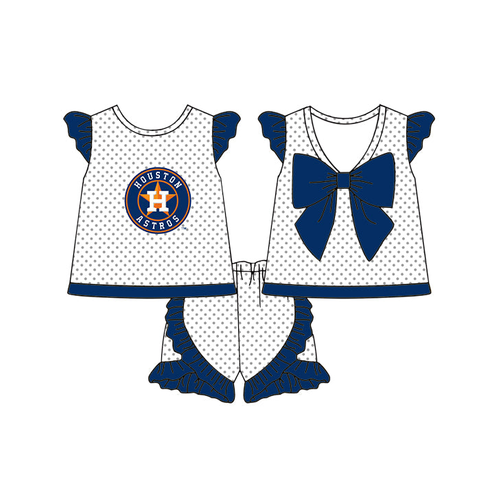 Preorder (moq 5)Baby Girls Houston Astros Polka Dots Back Bow Tunic Ruffle Shorts Team Clothes Sets