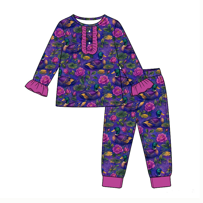 (Custom Design Preorder MOQ 5) Mallard Duck Flowers Print Girls Fall Pajamas Clothes Set