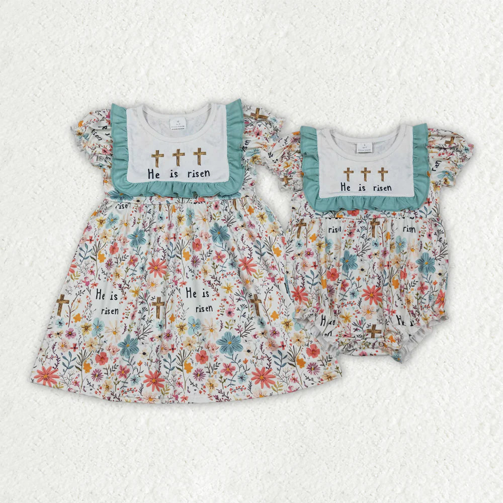 Sibling Baby Girls He is Risen Crosses Flowers Easter Knee Length Dresses Rompers