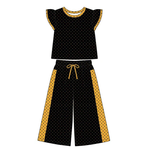 (Custom Design Preorder MOQ 5) Teams Black Gold Top Dots Straight Pants Girls Clothes Set