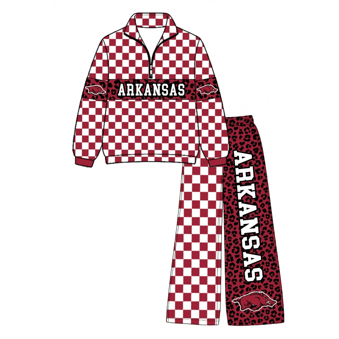 (Custom Design Preorder MOQ 5) Baby Boys Red Checked Leopard Arkansas Zip Pullover Pockets Pants Team Clothes Sets