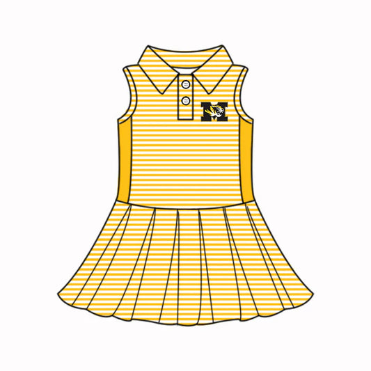 (Custom Design Preorder MOQ 5) Baby Girls Yellow Stripe M Tigers Button Team Knee Length Dresses