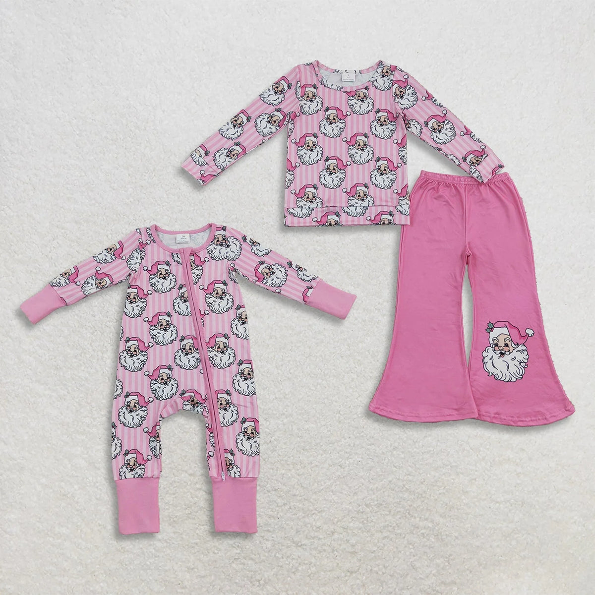 Sibling Baby Girls Christmas Santa Pink Striped Flare Pants Outfit and Zipper Romper