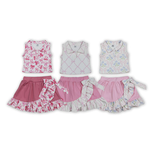 Sibling Baby Girls Bow Print Sleeveless Polo Top with Skort Active Outfit