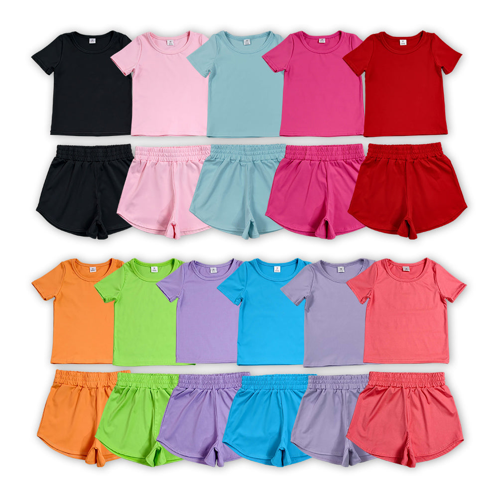 11 Solid Colors Short Sleeve Top Shorts Girls Summer Yoga Clothes Set Sisters Active Sports Wear