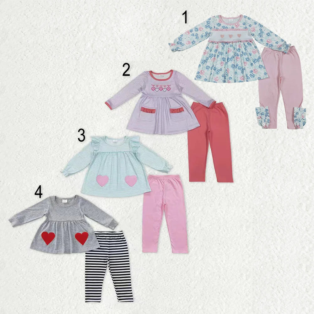 Sibling Baby Girls  Valentines Emboidery Heart Tunic Top with Leggongs Pants Outfit