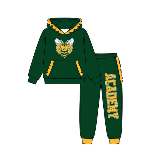 (Custom Design Preorder MOQ 5) Teams Academy Bees Green Yellow Ruffles Hoodie Top Pockets Joggers Pants Girls Yoga Clothes Set