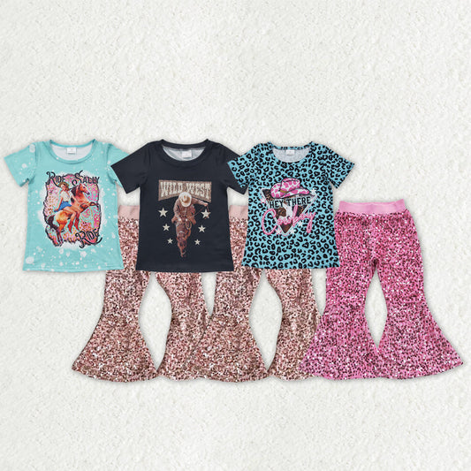 Sibling Baby Girls Horse Rodeos Tunic Sequin Bell Bottom Pant Western Clothes Set