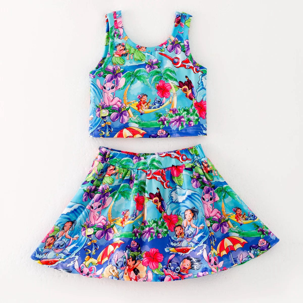 (Custom Design Preorder MOQ 5) Cartoon Characters Stitc* Crop Top Skirts Girls Summer Outfits