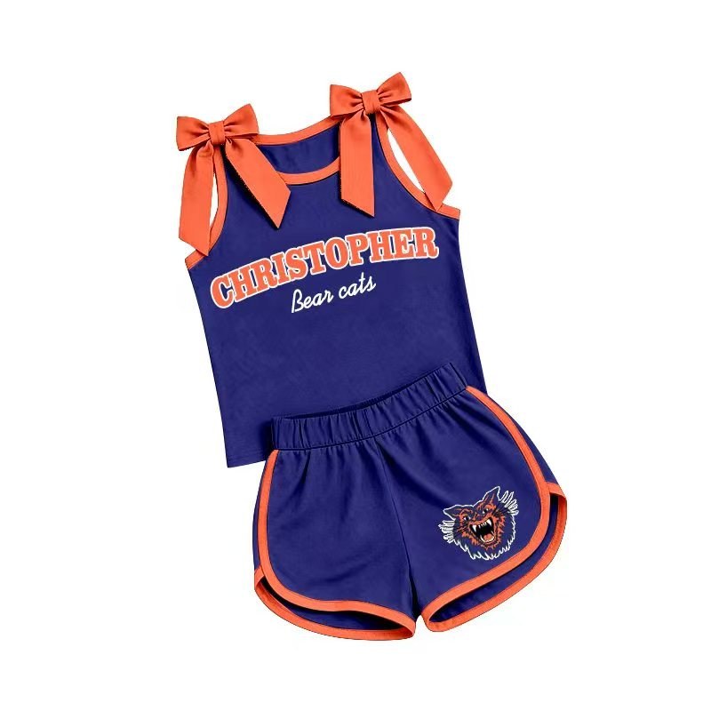 (Custom Design Preorder MOQ 5) Girls  Christopher  Bow Strap Tank &  Purple Shorts Sport Team Outfit