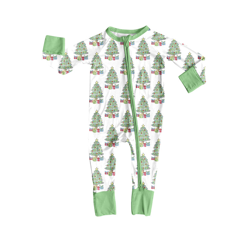 (Custom Design Preorder MOQ 5 ) Tree Gift Print Baby Girls Christmas Zipper Sleeper Romper