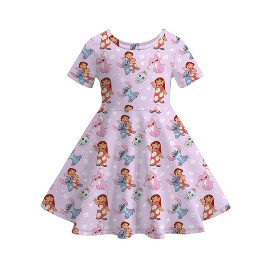 (Custom Design Preorder MOQ 5) Cartoon Stitc* Girls Short Sleeve Dress