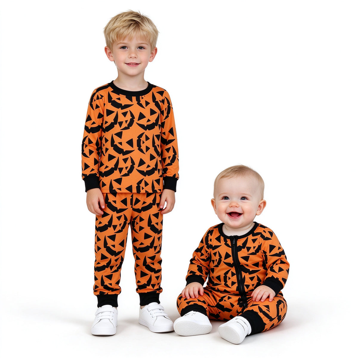 Sibling Baby Boys Halloween Pumpkin Face Long Sleeve Pajama Set and Romper