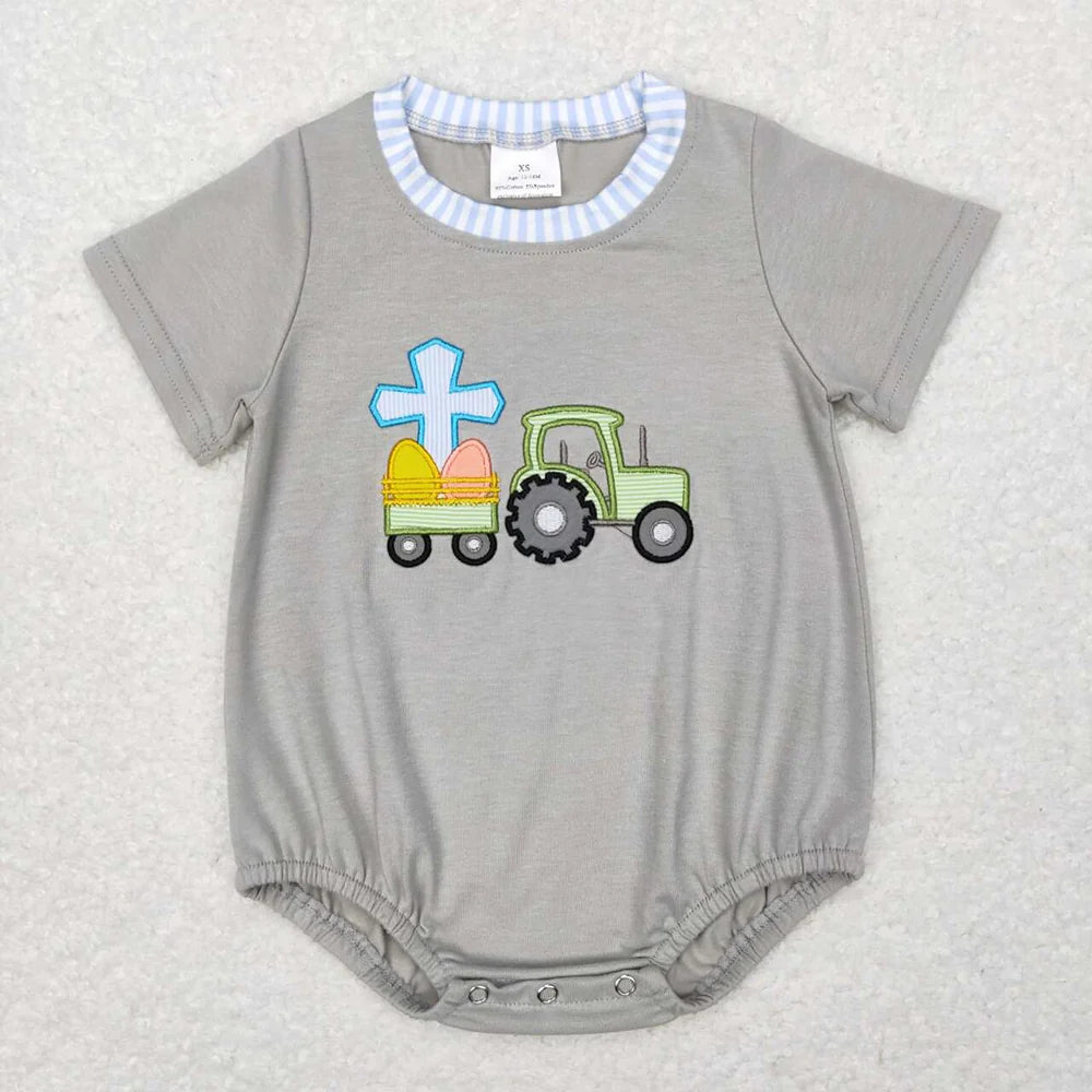 SR0490 Baby Boys Easter Egg Tractore Short Sleeve Bubble Romper
