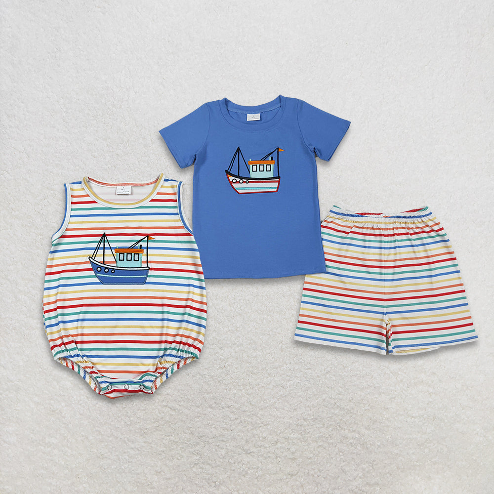 Sibling Baby Boys Embroidery Boats Colorful Stripe Top Shorts Clothes Set Rompers