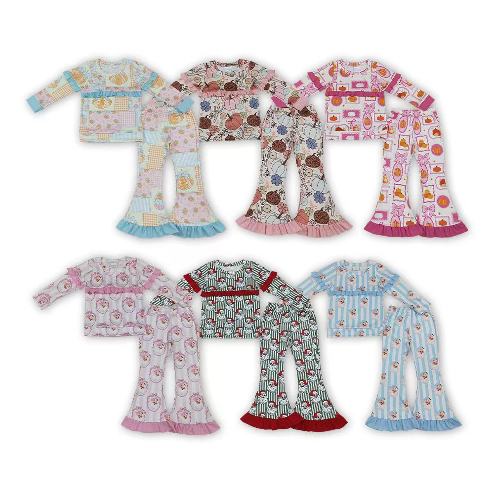 Sibling Baby Girls Ruffle Long Sleeve Top with Bell Bottom Pants Outfit For Holiday Fall Winter
