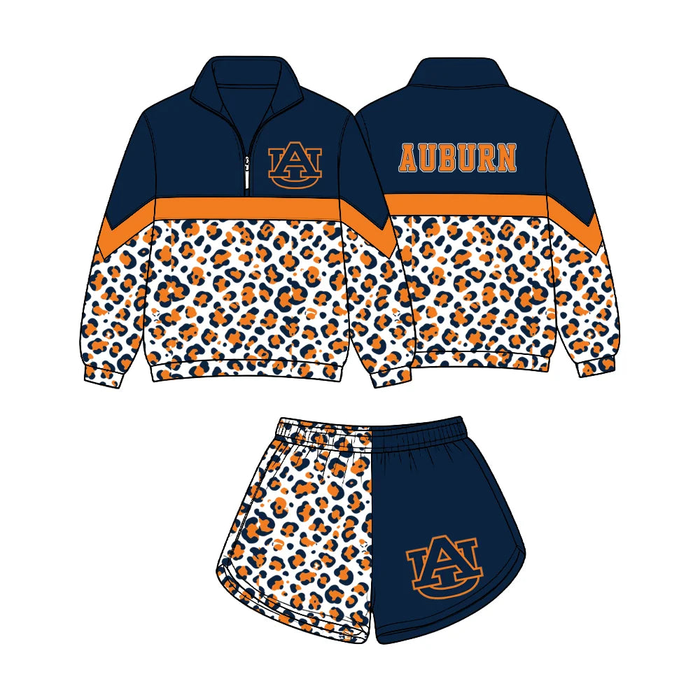 (Custom Design Preorder MOQ 5) Baby Girls Navy Orange Leopard Auburn Zip Pullovers Short Team Clothes Set