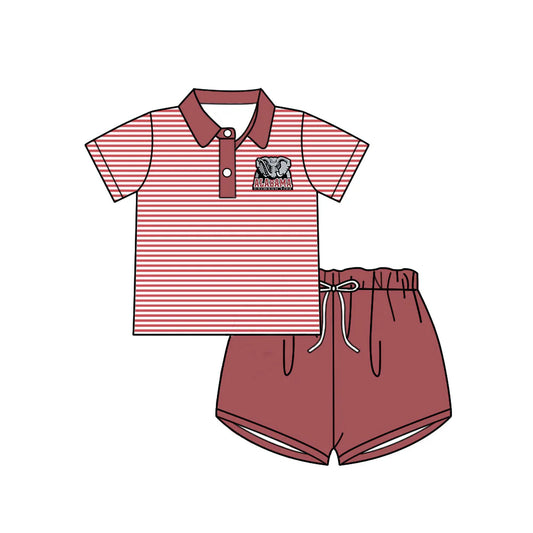 (Custom Design Preorder MOQ 5)Baby Girls Red Stripe Alabama Elephants Button Polo Top Shorts Team Clothes Sets