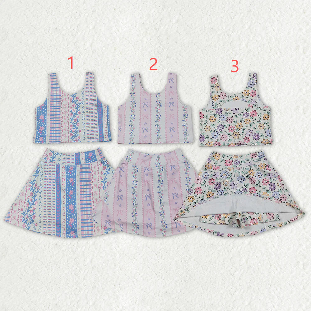 Sibling Baby Girls Sleeveless Colorful Flowers Vest Skirt Shorts Yoga Active Clothes Sets