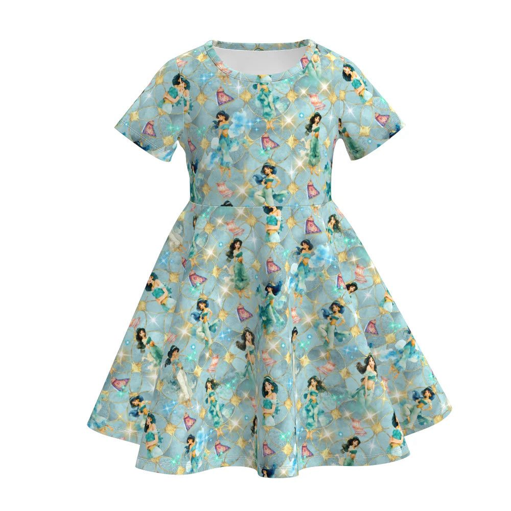 (Custom Design Preorder MOQ 5) Cartoon Princess Lamp Girls Short Sleeve Dress