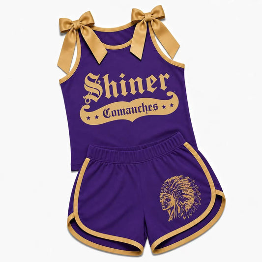 (Custom Design Preorder MOQ 5) Girls Shiner Comanches Bow Strap Tank & Gold Trim Shorts Sport Team Outfit