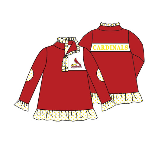 Preorder (moq 5)Baby Girls Red Long Ruffle Sleeve Cardinals Team Zip Pullovers Top