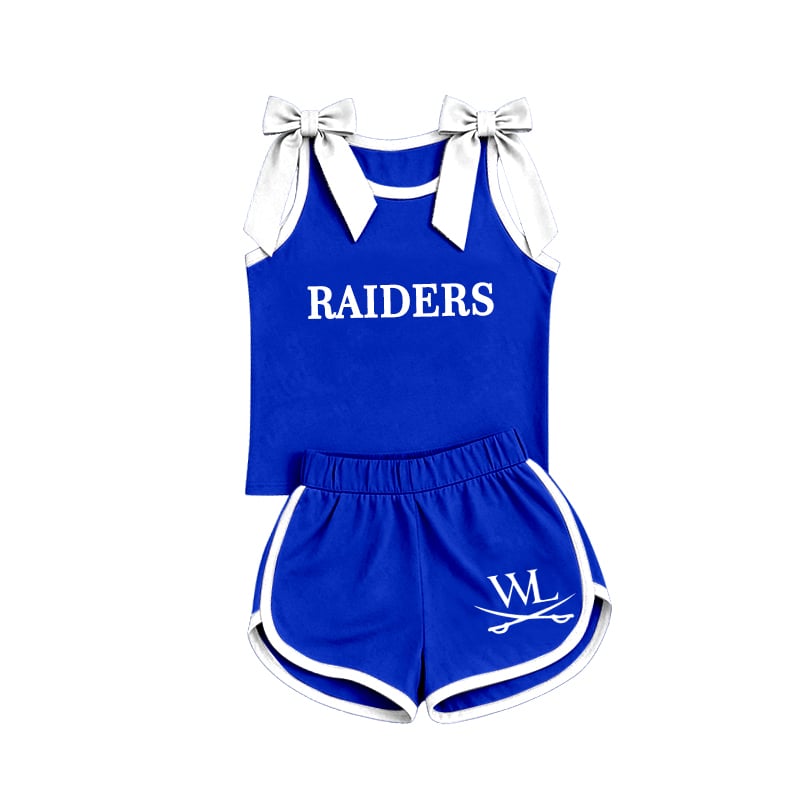 (Custom Design Preorder MOQ 5) Girls  Bow Strap  WL Blue Tank  & Shorts Sport Team Outfit