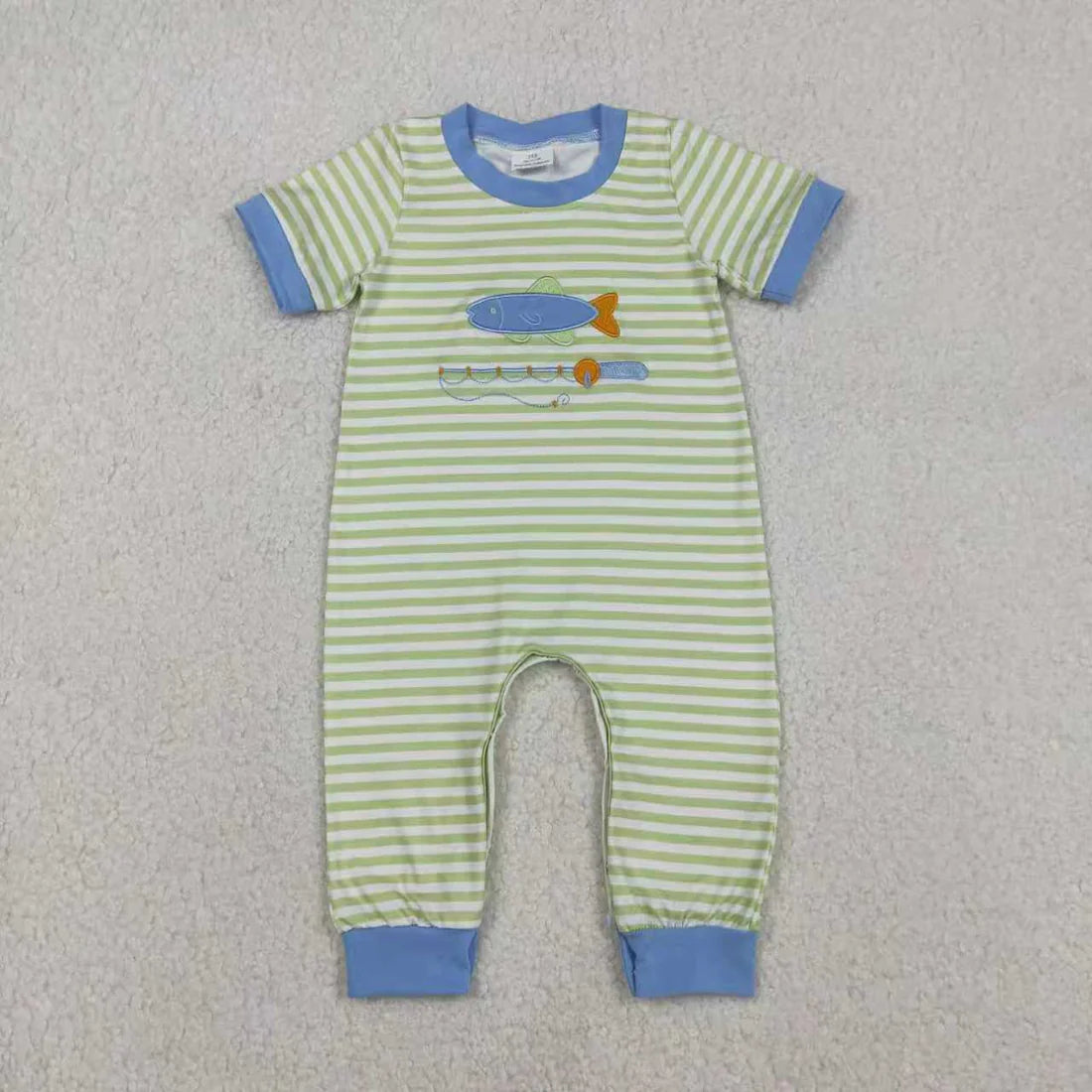 Sibling Baby Boys Embroidery Fishing Stripe Top Pockets Pant Hunting Clothes Sets Footie Romper