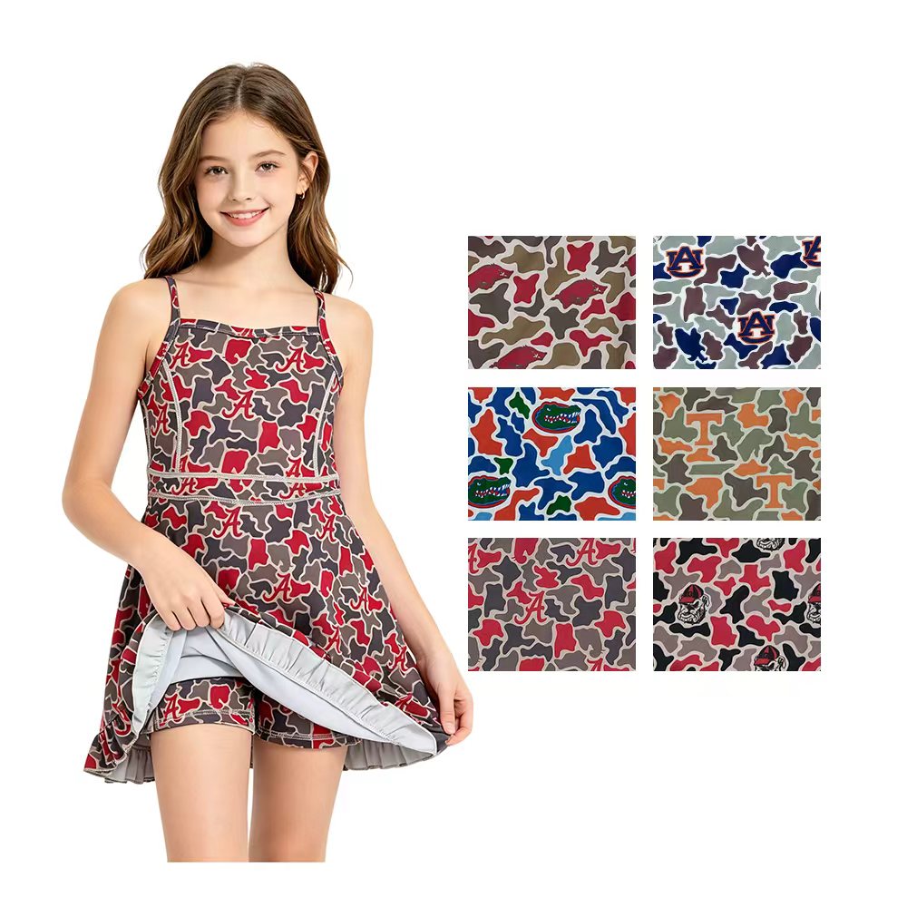 6 Colors Teams Camouflage Print Girls Ruffle Strap Yoga Dress Sisters Wear