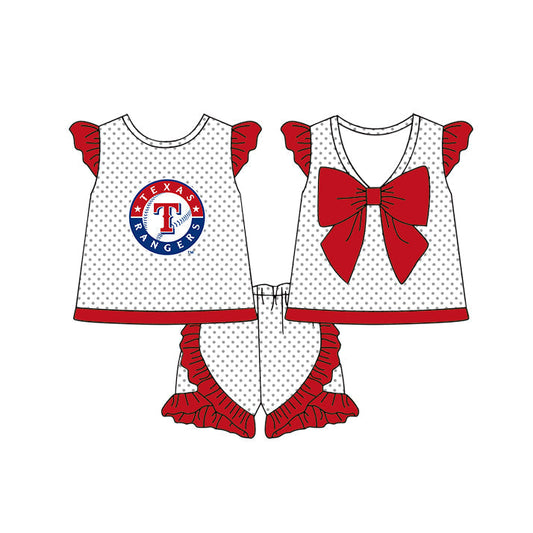 Preorder (moq 5)Baby Girls Rangers Polka Dots Back Bow Tunic Ruffle Shorts Team Clothes Sets